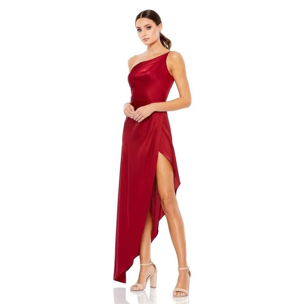 Ieena Mac Duggal One-Shoulder High Low Charmeuse Dress Burgundy Red Size 4